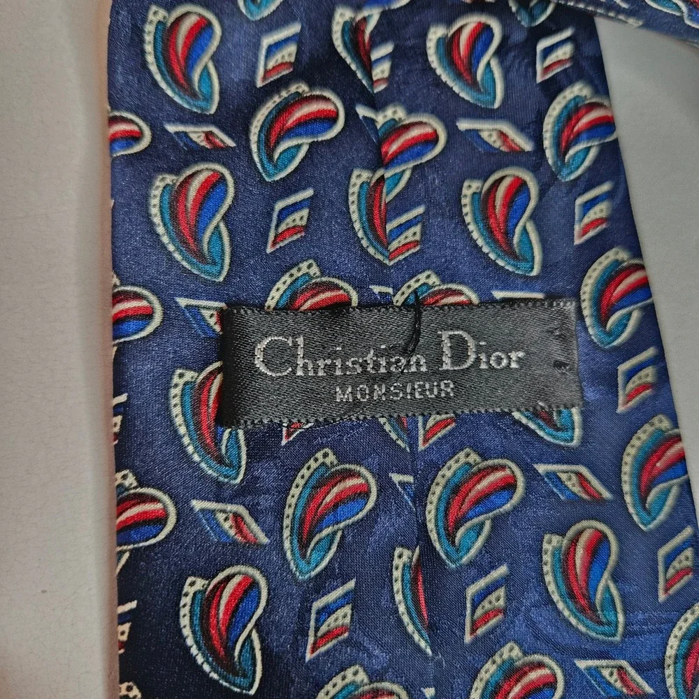 Christian Dior Monsieur Navy Blue Red Abstract Paisley Geometric Vintage Tie USA